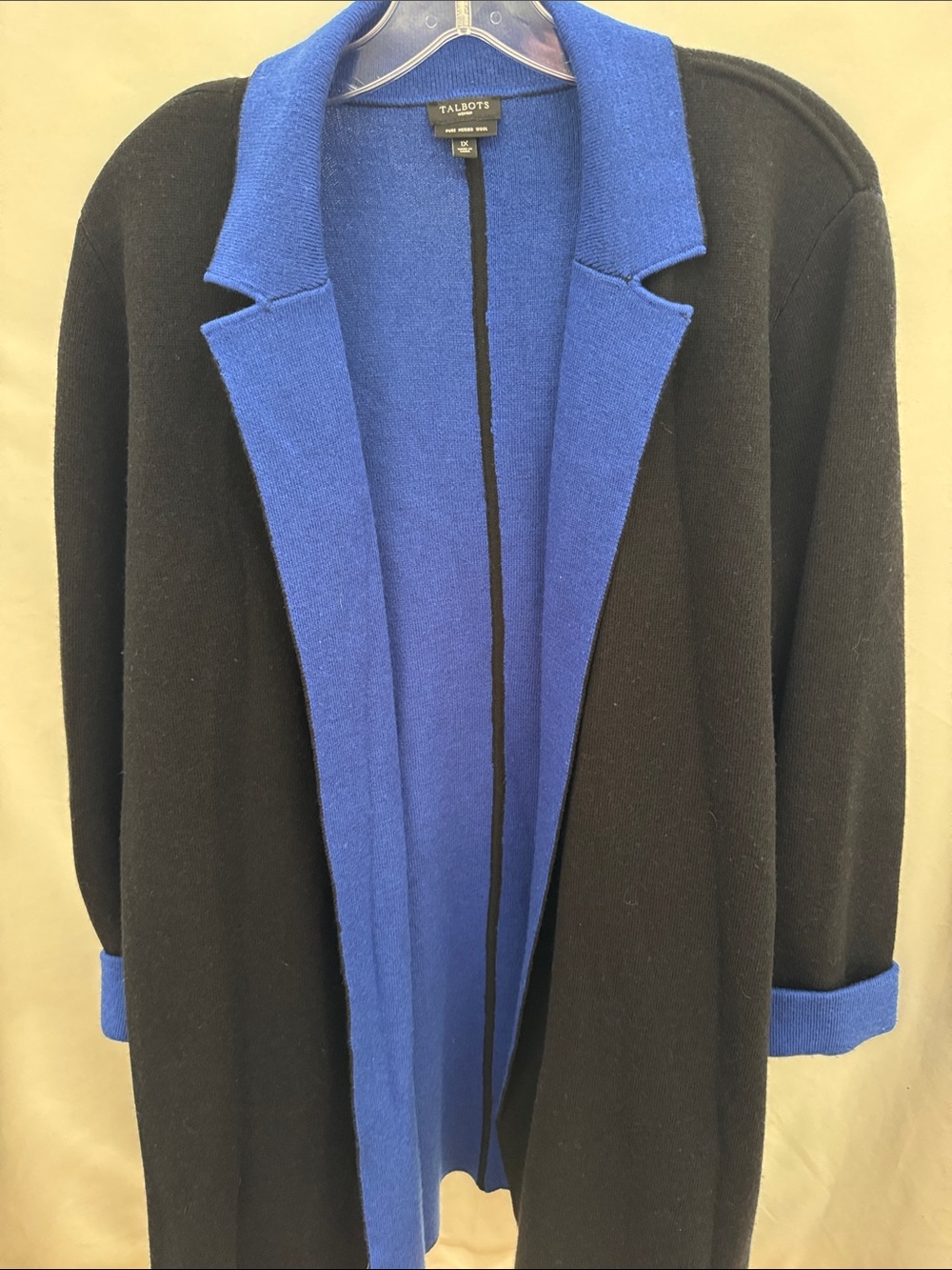 Talbots Black with Royal Blue Trim Cardigan. Size XL. Pure Merino Wool.